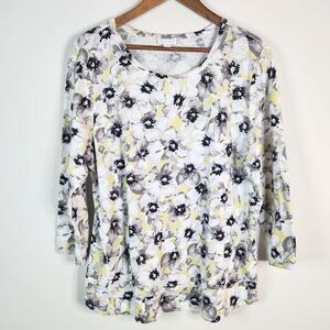 J. Jill Love Linen White Linen Blend Floral Blouse Size Large Beach Coastal